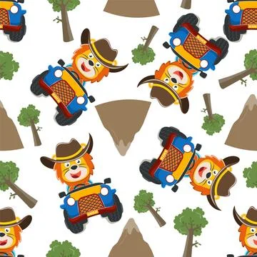 Seamless pattern of cute lion having fun driving off road car on sunny day. Stock Illustration