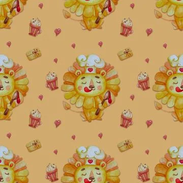 Seamless pattern with cute lion. Lion chef in a chefs hat, with a spoonful of 스톡 사진
