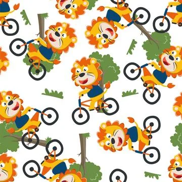Seamless pattern of cute lion riding a yellow bicycle. Stock Illustration