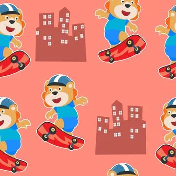 Seamless pattern with cute lion on  skate board, Stock Illustration