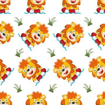 Seamless pattern of cute lion Swimming with a buoy. Animal cartoon concept Stock Illustration