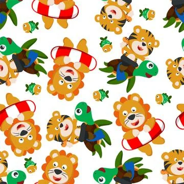 Seamless pattern of cute lion, tiger and turtle swimming in the ocean Stock Illustration