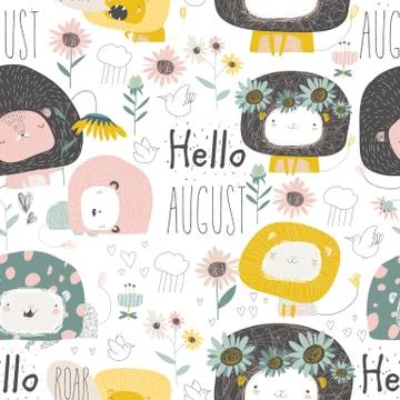 Seamless pattern with cute lions and flowers on white background 스톡 일러스트