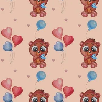 Seamless pattern. Cute little bear and butterfly on a pink background with ba Stock Illustration
