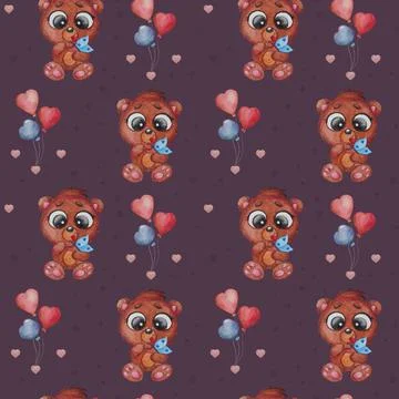 Seamless pattern. Cute little bear and butterfly on a Dark purple background  Stock Illustration