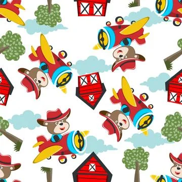 Seamless pattern of Cute little bear flying on a airplane. Stock Illustration