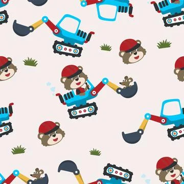 Seamless pattern of Cute little bear on a blue excavator. Stock Illustration