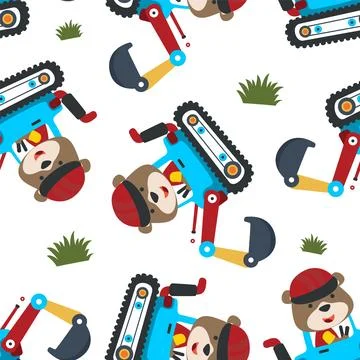 Seamless pattern of Cute little bear on a blue excavator. Stock Illustration