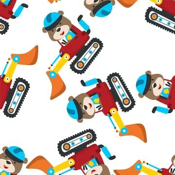 Seamless pattern of Cute little bear on a red excavator. Can be used for t-.. 스톡 일러스트