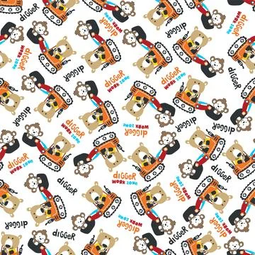 Seamless pattern of Cute little bear on excavator. 스톡 일러스트