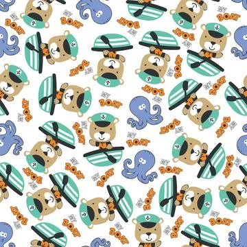 Seamless pattern with cute little bear the sailor, Stock Illustration