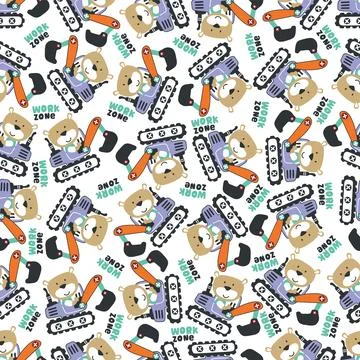 Seamless pattern of Cute little bear on excavator. Stock Illustration