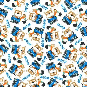 Seamless pattern of Cute little bear on excavator. Can be used for t-shirt .. Stock Illustration