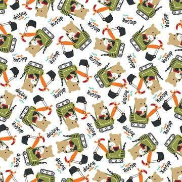 Seamless pattern of Cute little bear on excavator. Can be used for t-shirt .. Stock Illustration
