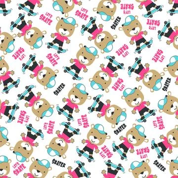 Seamless pattern with cute little bear on skate board, Stock Illustration