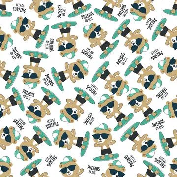 Seamless pattern of cute little bear with a surfboard, 스톡 일러스트