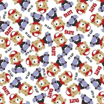 Seamless pattern with cute little bear on skate board, Stock Illustration