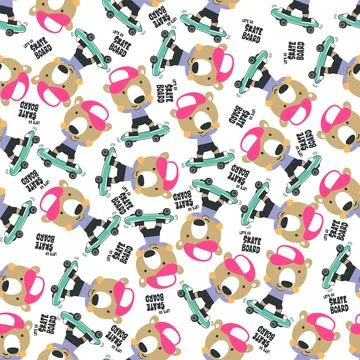 Seamless pattern with cute little bear on skate board 스톡 일러스트