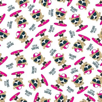 Seamless pattern of cute little bear with a surfboard, Stock Illustration