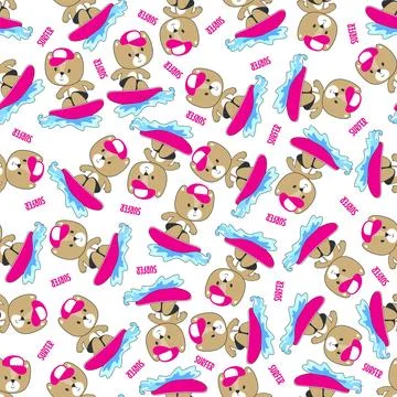 Seamless pattern of cute little bear with a surfboard, Stock Illustration