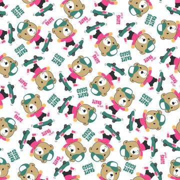 Seamless pattern with cute little bear on skate board, Stock Illustration