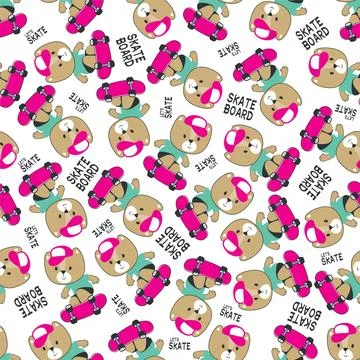 Seamless pattern with cute little bear on skate board, Stock Illustration
