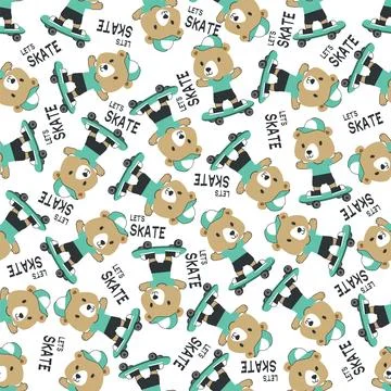 Seamless pattern with cute little bear on skate board, Stock Illustration