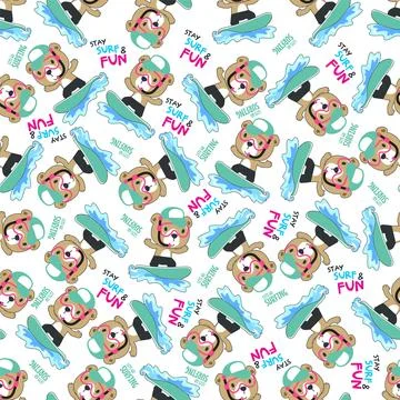Seamless pattern of cute little bear with a surfboard, Stock Illustration