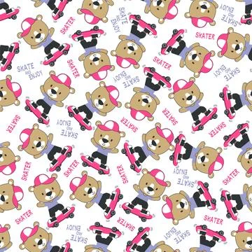 Seamless pattern with cute little bear on skate board Stock Illustration