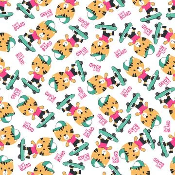 Seamless pattern with cute little bear on skate board, Stock Illustration