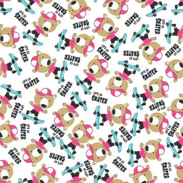 Seamless pattern with cute little bear on skate board, Illustrazione stock