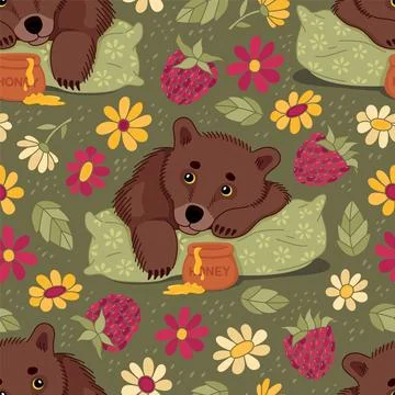 Seamless pattern: A cute little bear lying on a pillow with a pot of honey, f イラスト素材