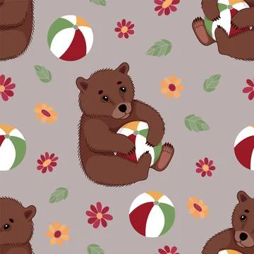 Seamless pattern with a cute little bear with a beach ball and flowers. Hand- Stock Illustration