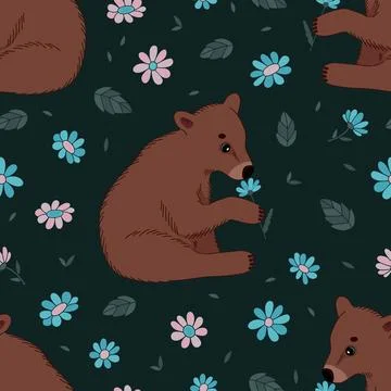 Seamless pattern with a cute little bear with flowers. Hand-drawn colorful fl イラスト素材