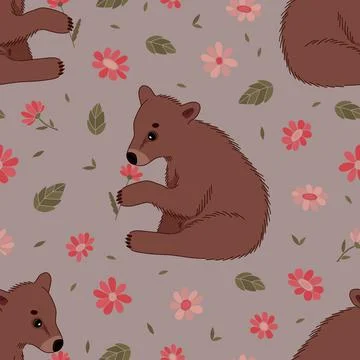Seamless pattern with a cute little bear with flowers. Hand-drawn colorful fl 스톡 일러스트