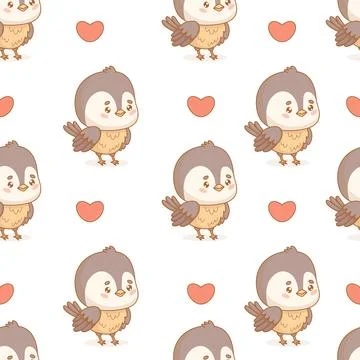 Seamless pattern. Cute little bird tit on white background with hearts. Fun.. Stock Illustration