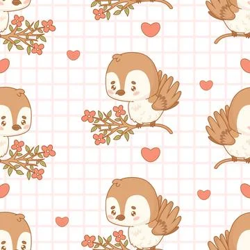Seamless pattern. Cute little bird sparrow on blooming branch on checkered .. Stock Illustration