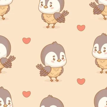 Seamless pattern. Cute little bird tit on beige background with hearts. Fun.. Illustrazione stock