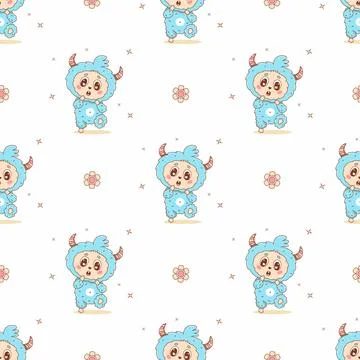 Seamless pattern with Cute Little Blue Monster on white background. Funny k.. Stock Illustration