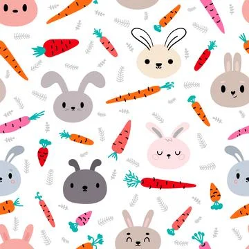 Seamless pattern with cute little bunnies and carrots. Nursery style. Hand .. Stock Illustration