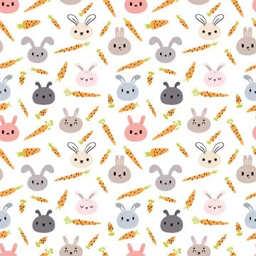 Seamless pattern with cute little bunnies and carrots. Hand drawn backgroun.. Stock Illustration