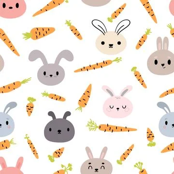 Seamless pattern with cute little bunnies and carrots. Hand drawn backgroun.. Stock Illustration