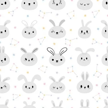 Seamless pattern with cute little bunny. Hand drawn background with cartoon.. Stock Illustration