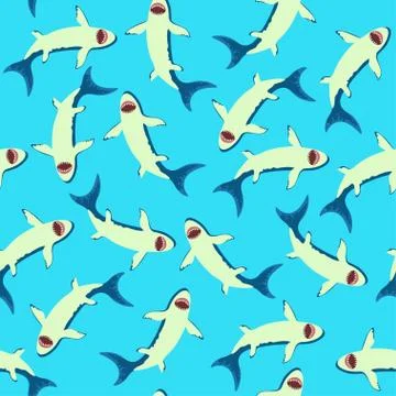 Seamless pattern with cute little cartoon sharks. Vector illustration. Stock Illustration