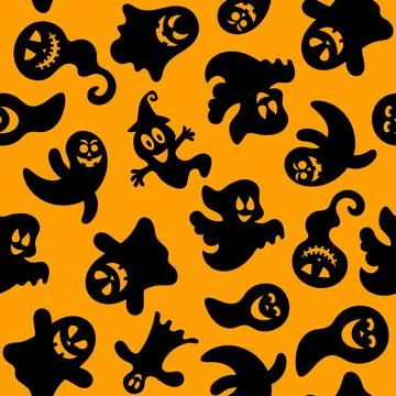 Seamless pattern of cute little cartoon ghosts on orange background. 스톡 일러스트