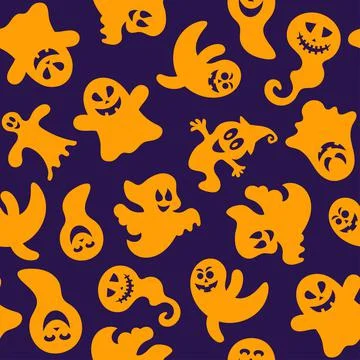 Seamless pattern of cute little cartoon ghosts on lilac background. Illustrazione stock