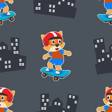 Seamless pattern with cute little cat on  skate board, Stock Illustration