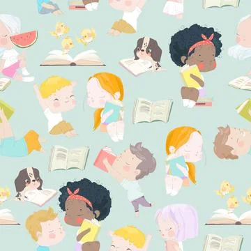 Seamless Pattern with Cute Little Children reading Books Illustrazione stock