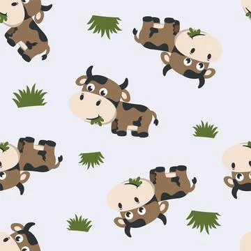 Seamless pattern of cute little cow in the jungle. Creative vector 스톡 일러스트