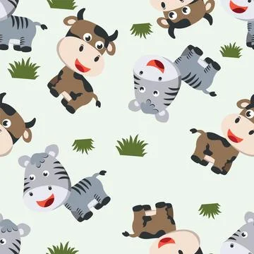 Seamless pattern of cute little cow and zebra in the jungle. Illustrazione stock